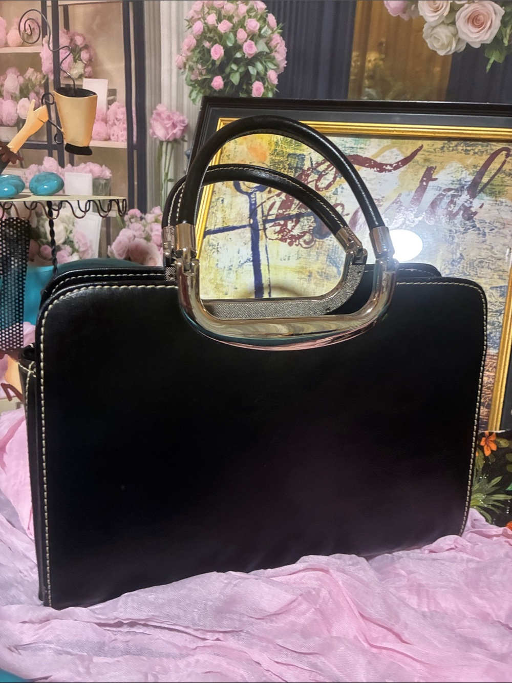 Classic Black Structured Top-Handle Women's Bag with gorgeous detailed stitching